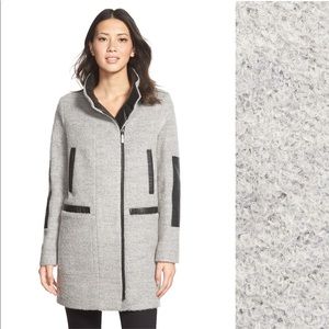 Gray boucle and black faux leather winter coat